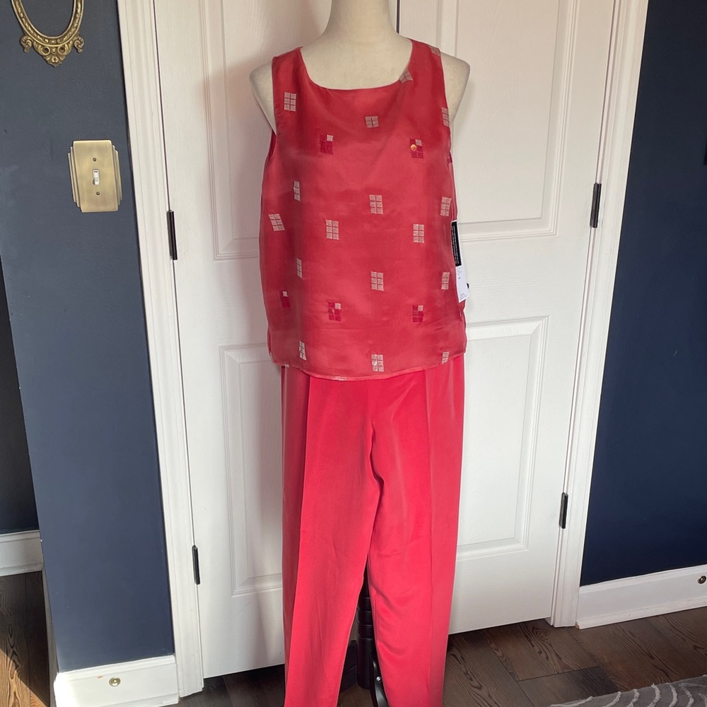 Vintage NWT Silk Josephine Chaus Red Sleeveless Embroidered Top Trousers Set 14